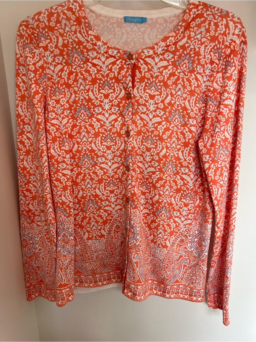 J. McLaughlin Orange and White Paisley-Print Long Sleeve Cardigan
